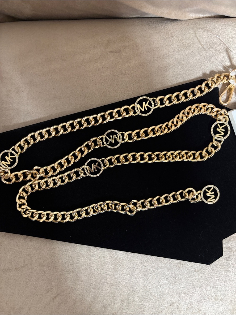 Michael Kors Women's Adj. Chain Belt Gold-tone Pavé Crystal MK Logo Size S/M NWT